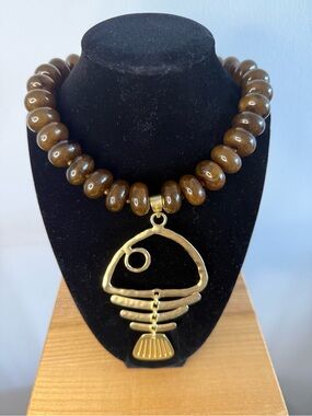 Gold Fish Pendant Brown Beaded Necklace